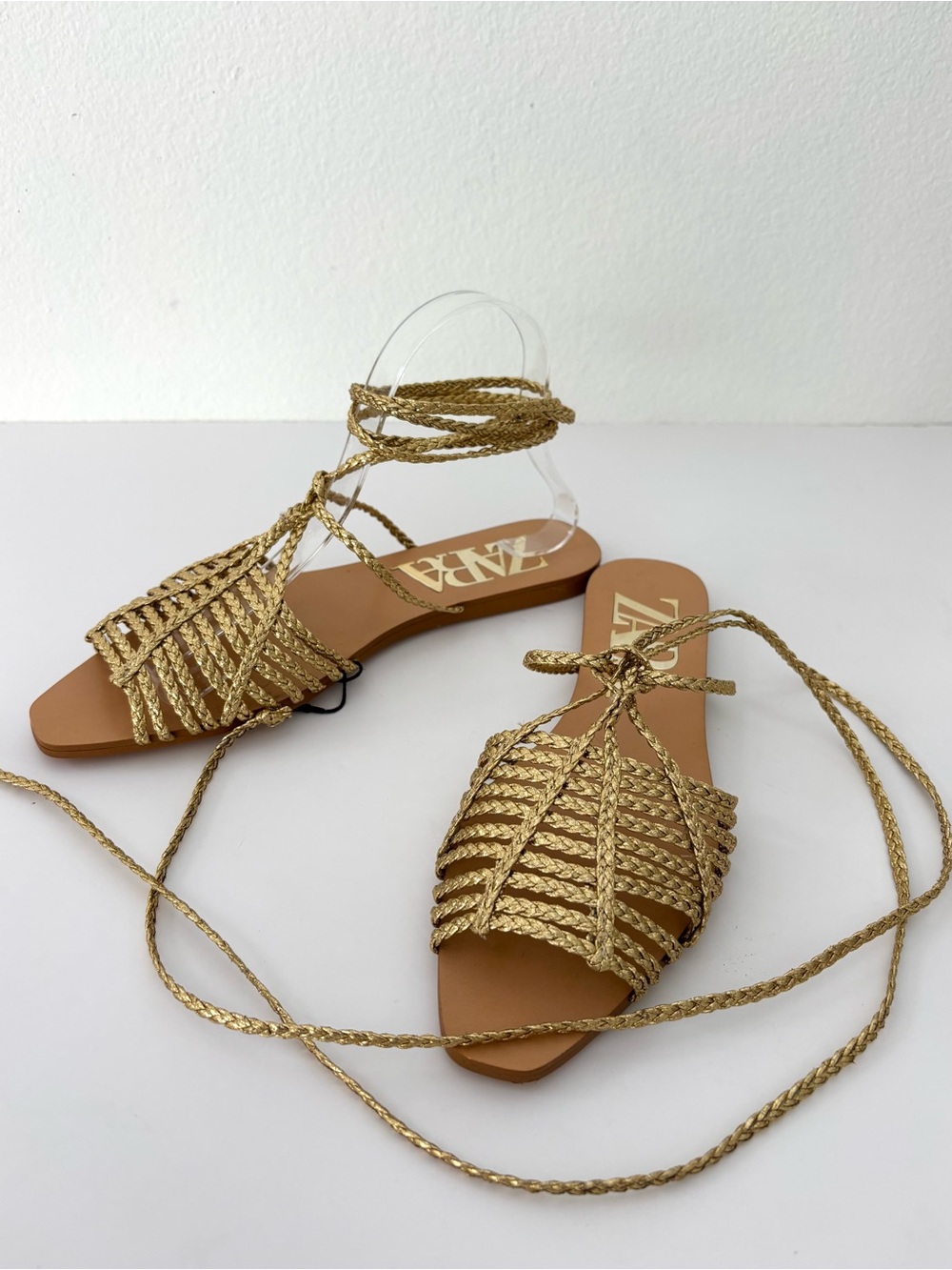Zara Metallic Gold Braided Sandals NWT Delicate Lace-Up Boho Size 39